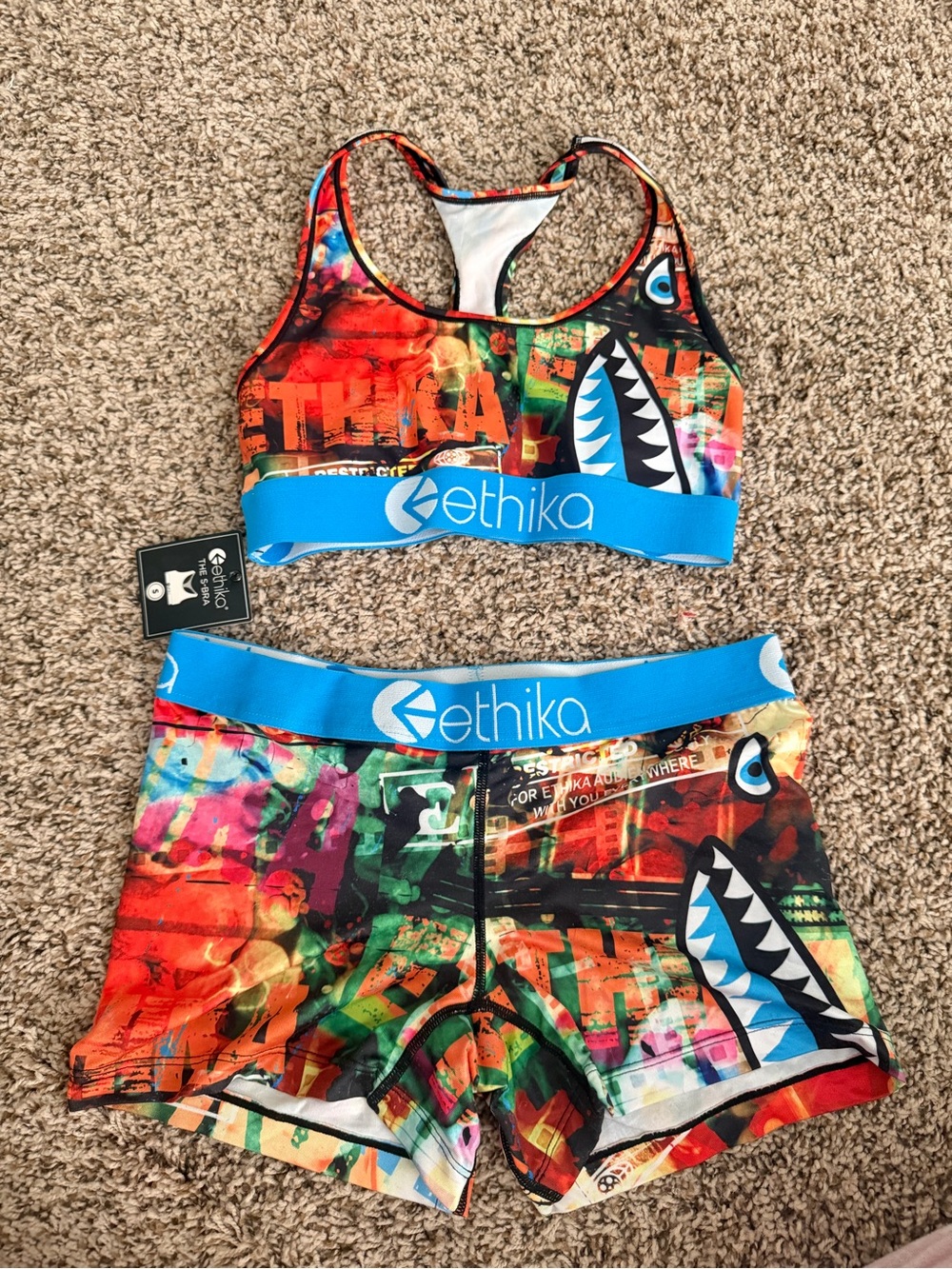 Ethika Multicolor Shark Graffiti Sports Bra & Shorts Set with Blue Waistband